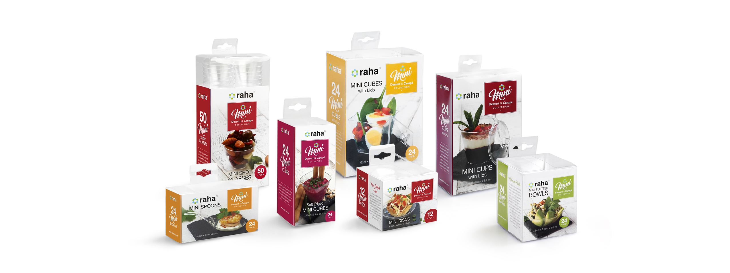 Panache Internationa mini range Mini Bowls, Sundae Cups, Mini Cassolette, Tall Cocktail mini cubes, Mini Square Plates, Mini Saucepan, Mini Short Glasses, Mini Cubes, Mini Dessert Glasses, Mini Discs, Flower Shaped Mini Bowls, Mini Oval Bowls, Mini short Glasses, Mini Spoons, Hexagonal Mini Cups etc